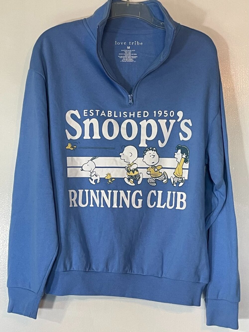 Snoopy Love Tribe Women’s Blue Quarter Zip Size M Running Club Great Condition